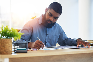 Image showing Business, planning and black man writing, brainstorming and schedule for project, contract and ideas. Male person, lawyer and employee with a notebook, focus and strategy for company development