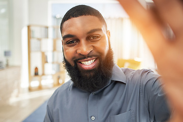 Image showing Black man, business and selfie with a smile on face of an influencer person at work. Portrait of an African guy or entrepreneur with job satisfaction and pride for social media profile picture update