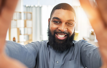 Image showing Smile, face and selfie of a black man as a business or influencer person at work. Portrait of an African guy or entrepreneur with job satisfaction and pride for social media profile picture or update