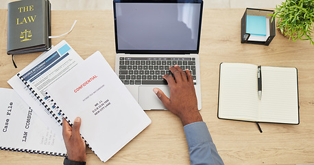 Image showing Legal paperwork, divorce lawyer on laptop and top of desk, mockup with contract and settlement agreement. Documents, PC and notebook, person at law firm and workspace, website on screen and GDPR