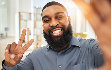 Image showing Smile, business man and selfie with a peace sign and face of influencer person at work. Portrait of a black guy or entrepreneur with job satisfaction and pride for social media profile picture update