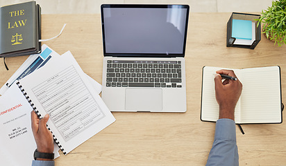 Image showing Research, mockup and laptop screen with hands of lawyer in office for writing, justice and legal documents. Books, website and advocate with closeup of person in office for attorney and technology