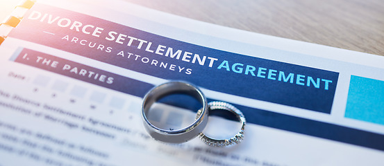 Image showing Ring, lawyer and paperwork for a divorce agreement, legal certificate or document for marriage. Closeup of deal, court and attorney report on end of relationship or contract for family law on a desk