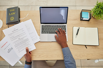 Image showing Legal paperwork, lawyer hands and top view of desk, laptop mockup with contract and deal agreement. Partnership documents, PC and notebook, person at law firm and GDPR, website and notary report