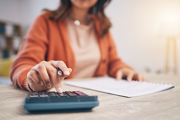 Image showing Finance, woman and hands at calculator for budget, taxes report and accounting documents at home. Closeup of person, notes and planning savings, investment money or administration for financial bills