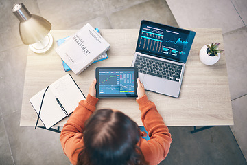 Image showing Woman at desk with laptop, tablet and data analytics for research in business management in stock market trading. Technology, dashboard app to study graphs and charts, trader in office from above.