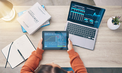 Image showing Woman with laptop, tablet and data analytics for research in business management, stock market trading and software. Technology, dashboard with graphs and charts, trader at desk from above in office.