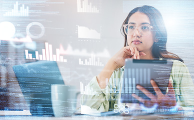 Image showing Woman, thinking and overlay of data analytics, tablet and laptop for research in business management. Future technology, hologram with graphs and charts, trader at desk in office with digital info.