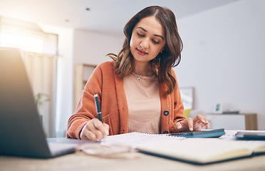 Image showing Finance, writing and woman with calculator for budget, taxes report and accounting documents at home. Female person, notes and planning savings, investment money or administration for financial bills