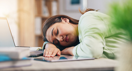 Image showing Tired, sleeping and woman on laptop for remote work exhausted for project, report and working from home. Stress, overworked and female person with burnout for nap, relaxing and resting from fatigue