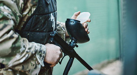 Image showing Hands, paintball and gun with battle and military training, sports and combat with camouflage. Fitness, soldier and war games with warrior, mission and army person, challenge and hero with weapon