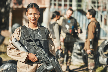 Image showing Woman, portrait and paintball, gun for battle and military training, sports and combat with hero. Fitness, female soldier and war games with warrior, mission and army with challenge and weapon