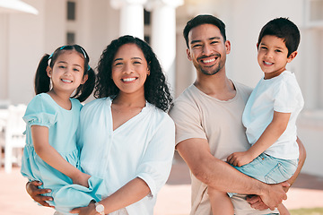 Image showing Happy, family and portrait of parents with kids outdoor at house, home or backyard in summer or happiness on holiday. Man, woman and children with smile on face for bonding, quality time or vacation