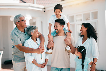 Image showing Happy, love and big family together outdoor for fresh air in the backyard of their modern house. Happiness, smile and children bonding and posing with their grandparents and parents in garden by home