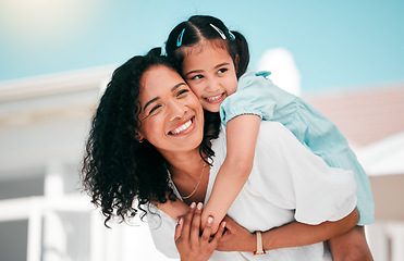 Image showing Happy, airplane and mom with her kid in the garden outdoor their family home for adventure. Playful, smile and young mother carrying her girl child on his back while bonding and playing together.