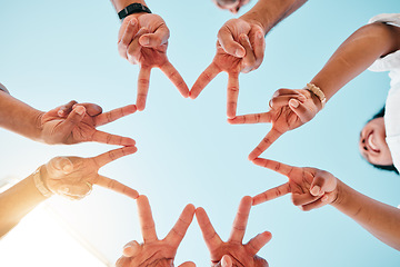 Image showing Star, hands and business people with peace sign on sky background for teamwork, solidarity or commitment from blow. V, sign and team with emoji shape in collaboration, partnership or goal motivation