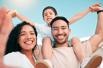 Image showing Selfie, happy family and airplane fun outdoor for bonding, play and having fun in backyard together. Love, portrait and boy child with parents outside for photo, weekend or piggyback game with smile