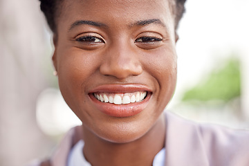 Image showing Smile, face and business woman travel in a city or urban town feeling excited to commute to work or job. Opportunity, happy and portrait of confident female professional employee or corporate worker