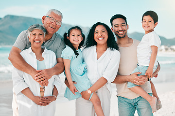 Image showing Grandparents, parents or portrait of children at beach as a happy big family for holiday vacation travel. Grandfather, grandmother or mom with dad or kids siblings in nature at sea bonding together