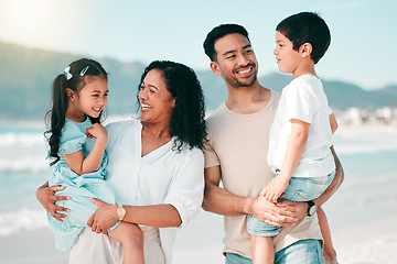 Image showing Family, people and smile on nature beach with parents and children bonding with travel to Mexico. Happiness, man and woman with kids outdoor, love and trust with support while on tropical holiday