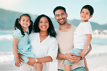 Image showing Family in portrait on beach, parents and children with bonding on holiday, happy people and smile with travel. Mother, father and young kids, tropical vacation in Mexico with love and care outdoor