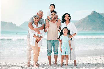 Image showing Grandparents, parents or portrait of happy kids at beach as a big family for holiday vacation travel. Grandfather, grandmother or mom with dad or children siblings in nature at sea bonding together