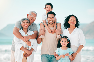 Image showing Grandparents, parents or portrait of happy children at sea as a big family for holiday vacation travel. Grandfather, grandmother or mom with dad or kids siblings in nature at beach bonding together