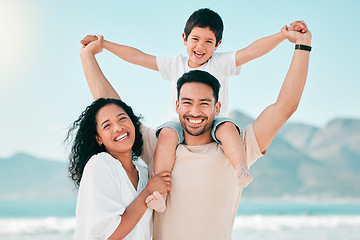 Image showing Portrait, happy family and airplane games at a beach with freedom, bond and fun together in nature. Face, love and piggyback by parens and boy child at ocean for travel, holiday and summer vacation