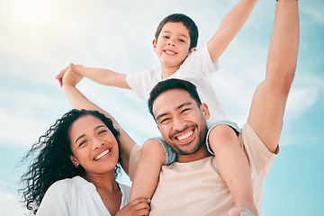 Image showing Family, happy and portrait with airplane games at beach for freedom, bond and fun together on blue sky background. Face, love and piggyback by parents and child outdoor for travel, holiday or trip