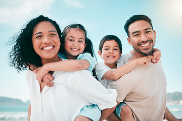 Image showing Family on beach, parents piggyback children in portrait with bonding on holiday, happy people and smile with travel. Mom, dad and young kids, tropical vacation in Mexico with love and care outdoor