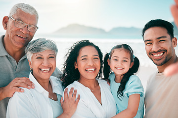 Image showing Family selfie, generations and portrait, people on beach with grandparents, parents and children bonding. Happy, men and women with kid outdoor, love and trust with smile in picture on holiday