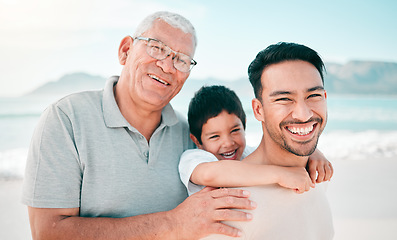 Image showing Grandfather, dad or portrait of child at beach with a happy family for holiday vacation or weekend travel. Piggyback, smile or grandparent with dad or child in nature at sea or ocean bonding together