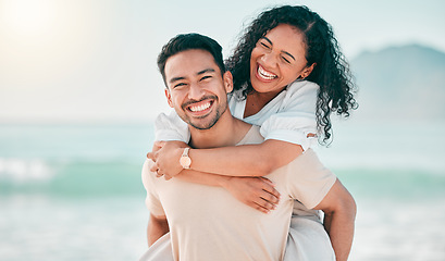 Image showing Love, happy and piggyback with couple on beach for travel, summer and vacation. Peace, smile and relax with portrait of man and woman hugging on date for seaside holiday, care and mockup space