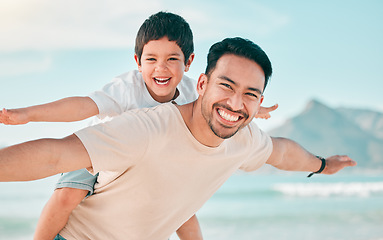 Image showing Airplane, portrait and father with boy child at a beach with freedom, fun and bonding in nature. Flying, love and face of parent with kid at the ocean for travel, playing and piggyback games in Bali