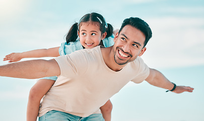 Image showing Airplane, smile and father with girl child at a beach with freedom, fun and bonding in nature. Flying, love and happy parent with kid at the ocean for travel, playing and piggyback games in Miami