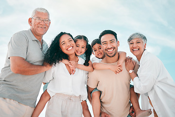 Image showing Grandparents, big family or portrait of happy kids with parents in nature for holiday vacation travel. Grandfather, grandmother or low angle of mom with dad, smile or kids siblings bonding together