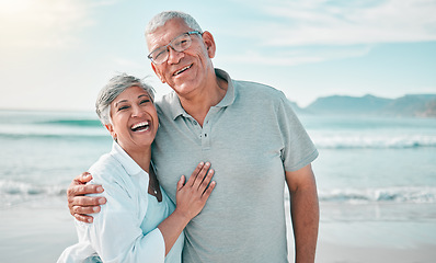 Image showing Happy, hug or portrait of old couple on beach with love, care or support on summer vacation holiday in nature. Retirement, mature man or senior woman at sea or ocean to travel on holiday together