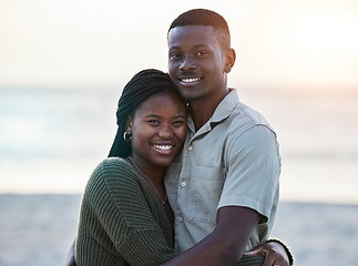 Image showing Happy, black couple and portrait outdoor at the beach with love, care and commitment. Smile on face of young african man and woman together on vacation, holiday or sunset travel trip in Jamaica