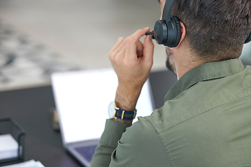 Image showing Telemarketing, business and man with headphones, call center or tech support with communication. Male person, consultant or employee with a headset, customer service or help desk with sales or laptop