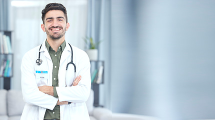 Image showing Doctor, man and portrait with arms crossed for healthcare, hospital services and support on banner or mockup space. Face of medical professional or Saudi Arabia person for health insurance or clinic