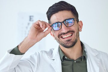 Image showing Face, man and happy optometrist with glasses for vision, healthcare or wellness. Portrait, smile and doctor of ophthalmology with frame, expert optician or medical professional for eye care in clinic