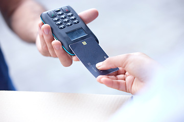 Image showing Card machine, delivery and people hands with online payment, digital finance service and paperless fintech. Retail courier, credit and b2c transaction, customer or person with package for e commerce