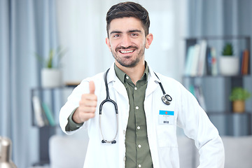 Image showing Thumbs up, portrait and doctor or man in healthcare support, thank you or excellence of hospital services. Medical professional or Saudi Arabia person like, yes and ok hand or emoji in clinic success