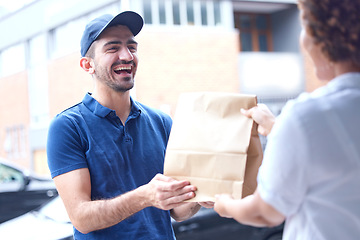 Image showing Happy man, delivery and paper bag in the city for courier service, fast food or online shopping at the door. Male person giving customer parcel, package or order for transport, logistics or ecommerce