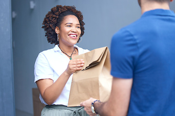 Image showing Happy woman, package and delivery man by door for order, fast food or parcel in ecommerce at home. Female person or customer receiving paper bag, cargo or collection from courier guy by entrance