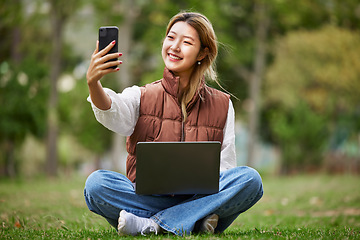 Image showing Selfie, asian and woman student on video call in a park to connect to contact while outdoor studying online. Internet, laptop and young person or influencer takes picture in nature for peace and calm