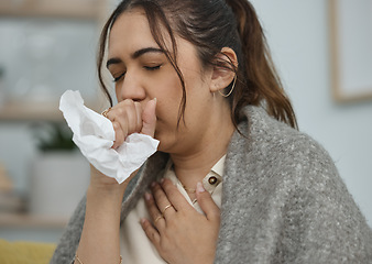 Image showing Woman with cough, tissue and sick with health problem, flu or allergies, chest pain and asthma at home. Young female with fever, bacteria in lungs and virus, infection and sinus with tuberculosis