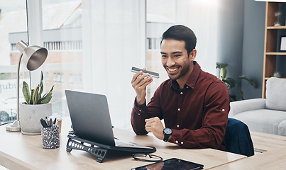 Image showing Speaker phone call, laptop or happy man in conversation, networking or consulting with digital communication contact. Recording app, text to speech software or office consultant talking on voice note