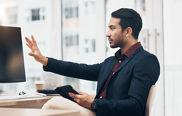 Image showing Invisible screen, digital and business man in office with hand gesture for hologram, virtual tech and ai. Network, technology mockup and serious male at desk with tablet for internet, research and ux