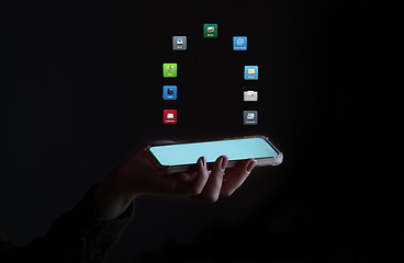 Image showing Phone app hologram, hand and mobile networking with software and digital transformation. 3d digital animation, night and technology showing apps icons graphic for virtual connection in the dark